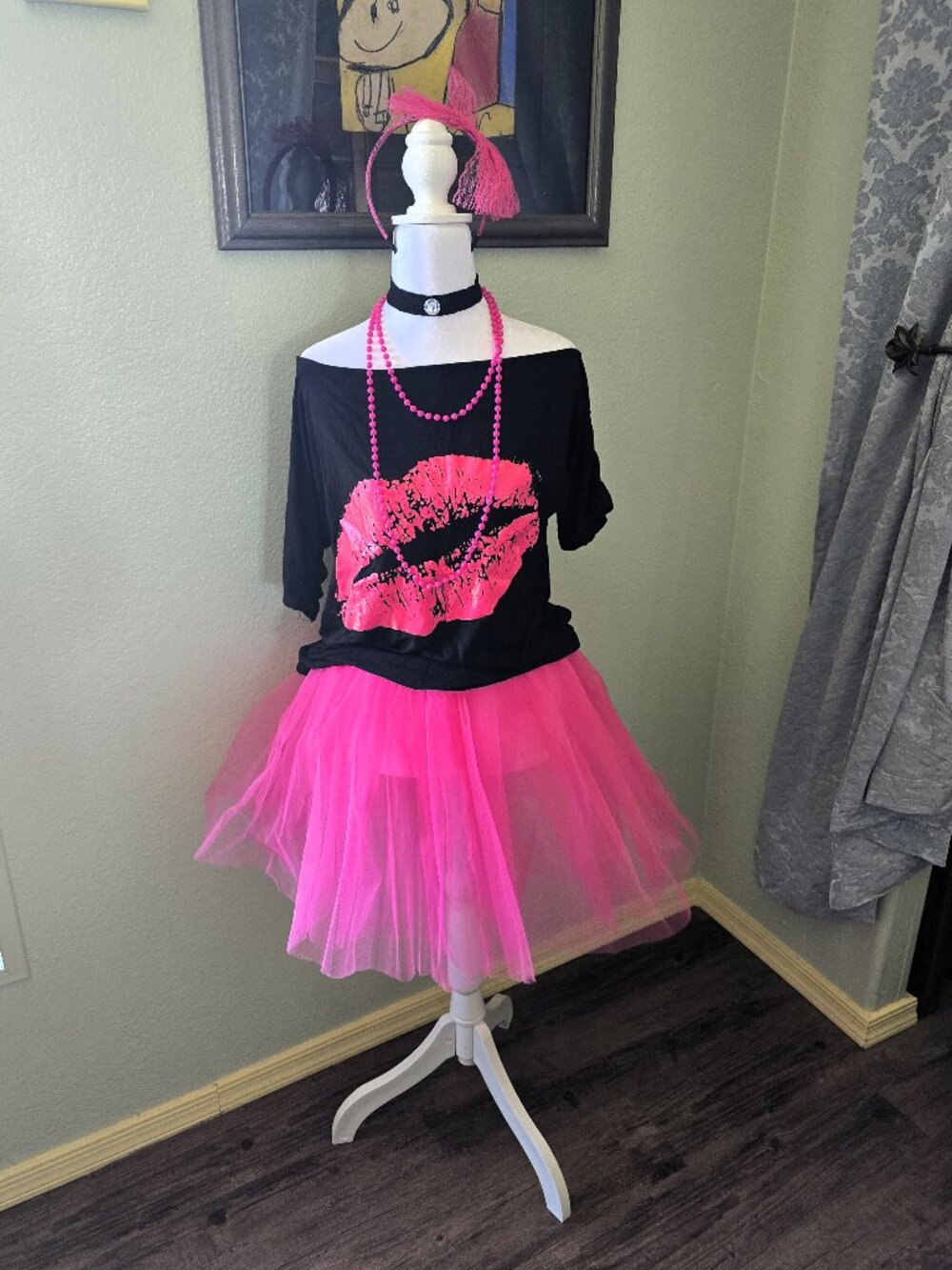 Off-Shoulder Black top with Neon Pink Lip Graphic and Tulle Skirt